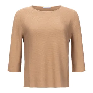 3/4 Sleeve Fitted Cotton Sweater - Camel