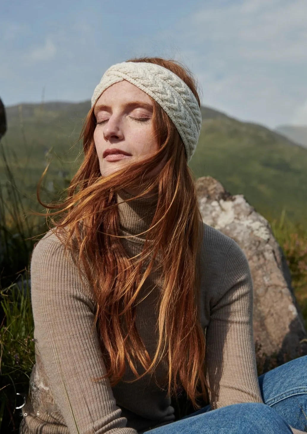 Aran Cross Over Head Band | Natural