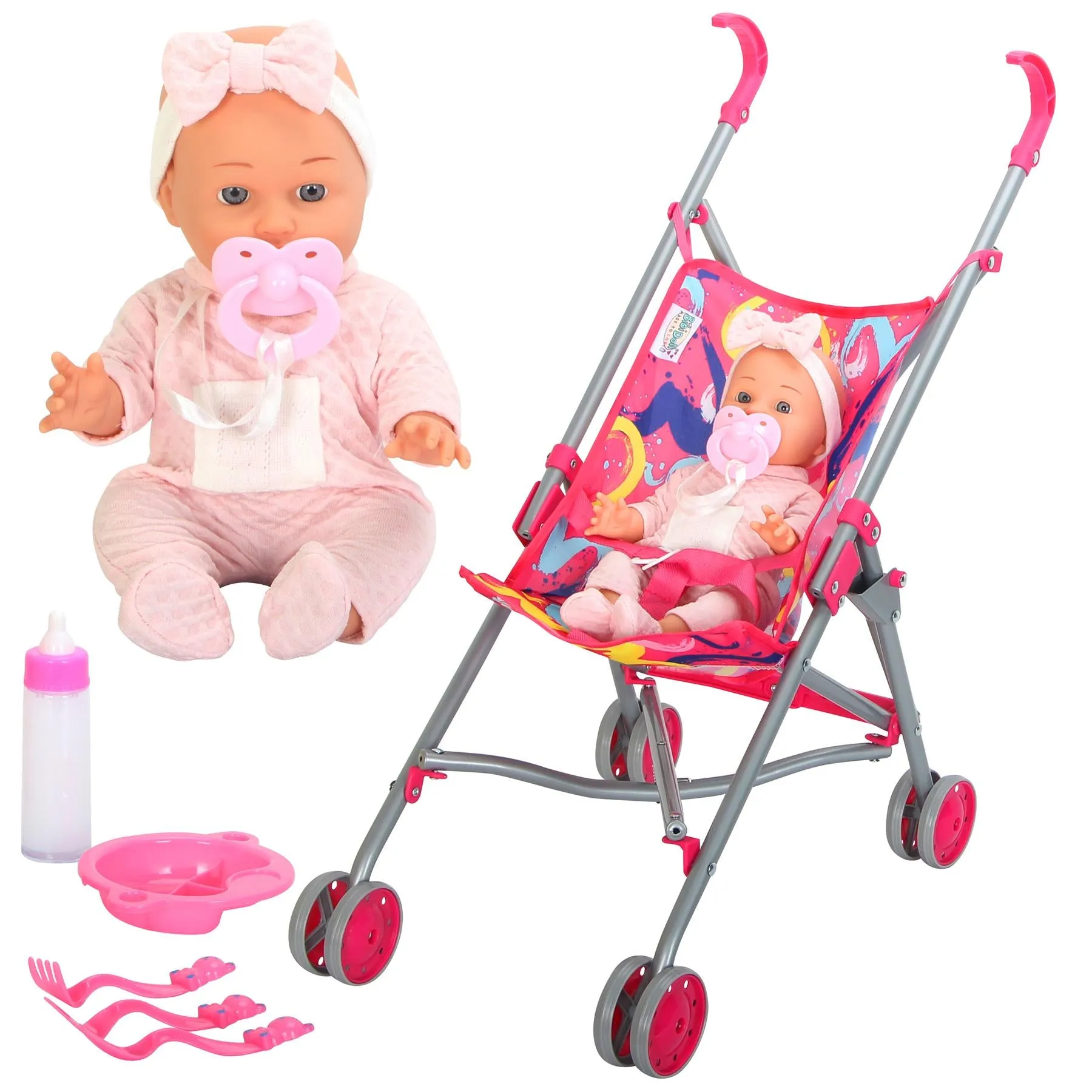 Baby Doll With Stroller & Feeding Accessories Set