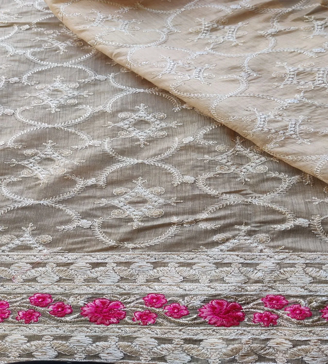 Beige Traditional Sequins Embroidered Chanderi Fabric