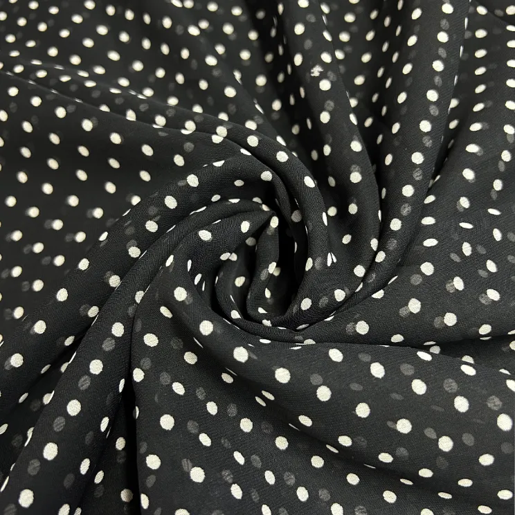 Black & White Polka Dot Printed Georgette Fabric (Wholesale)