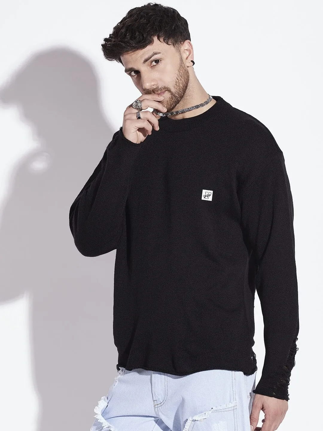 Black Damaged Raw Edge Sweater