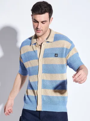 Blue & Beige Striped Crochet Shirt