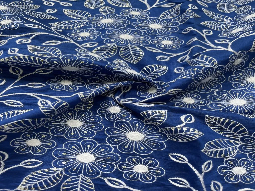 Blue Floral Chikankari & Sequins Embroidered Chanderi Fabric (Wholesale)