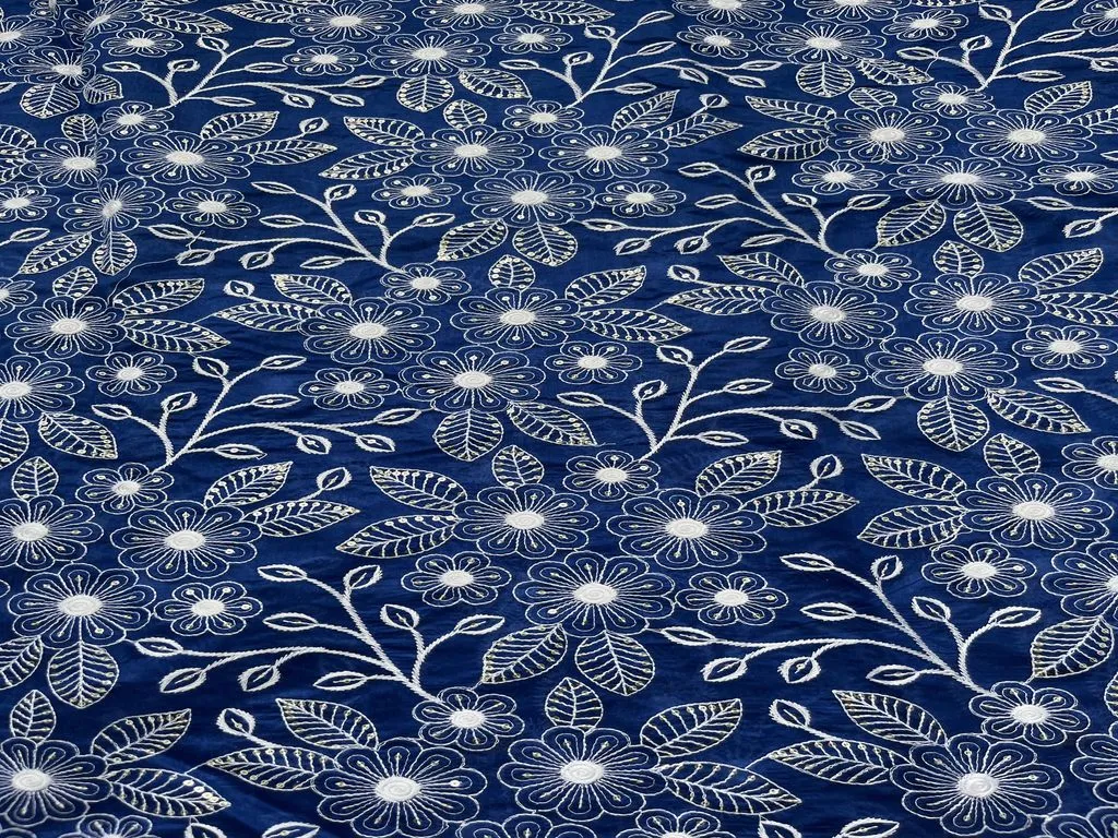 Blue Floral Chikankari & Sequins Embroidered Chanderi Fabric (Wholesale)