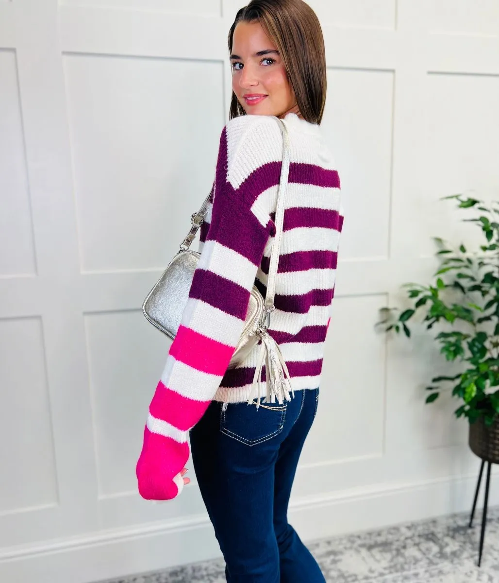 Burgundy Contrast Stripe Knitted Jumper