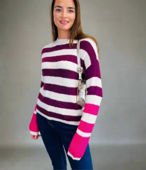 Burgundy Contrast Stripe Knitted Jumper