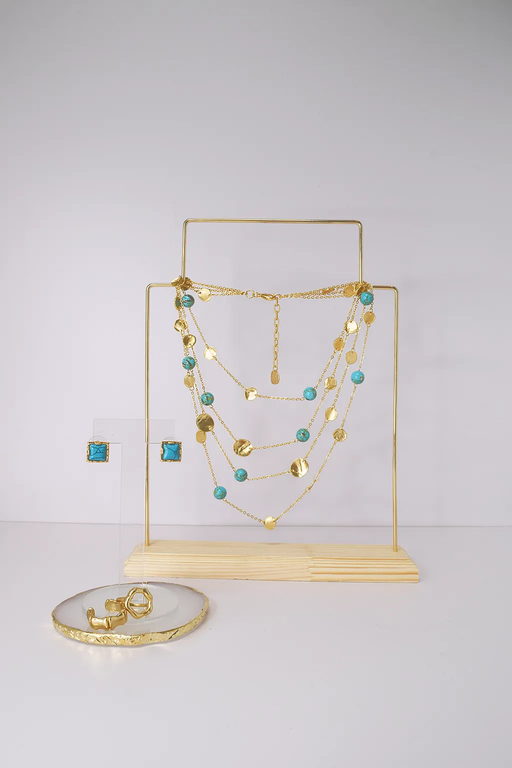 Coin and turquoise pearls multi strand necklace