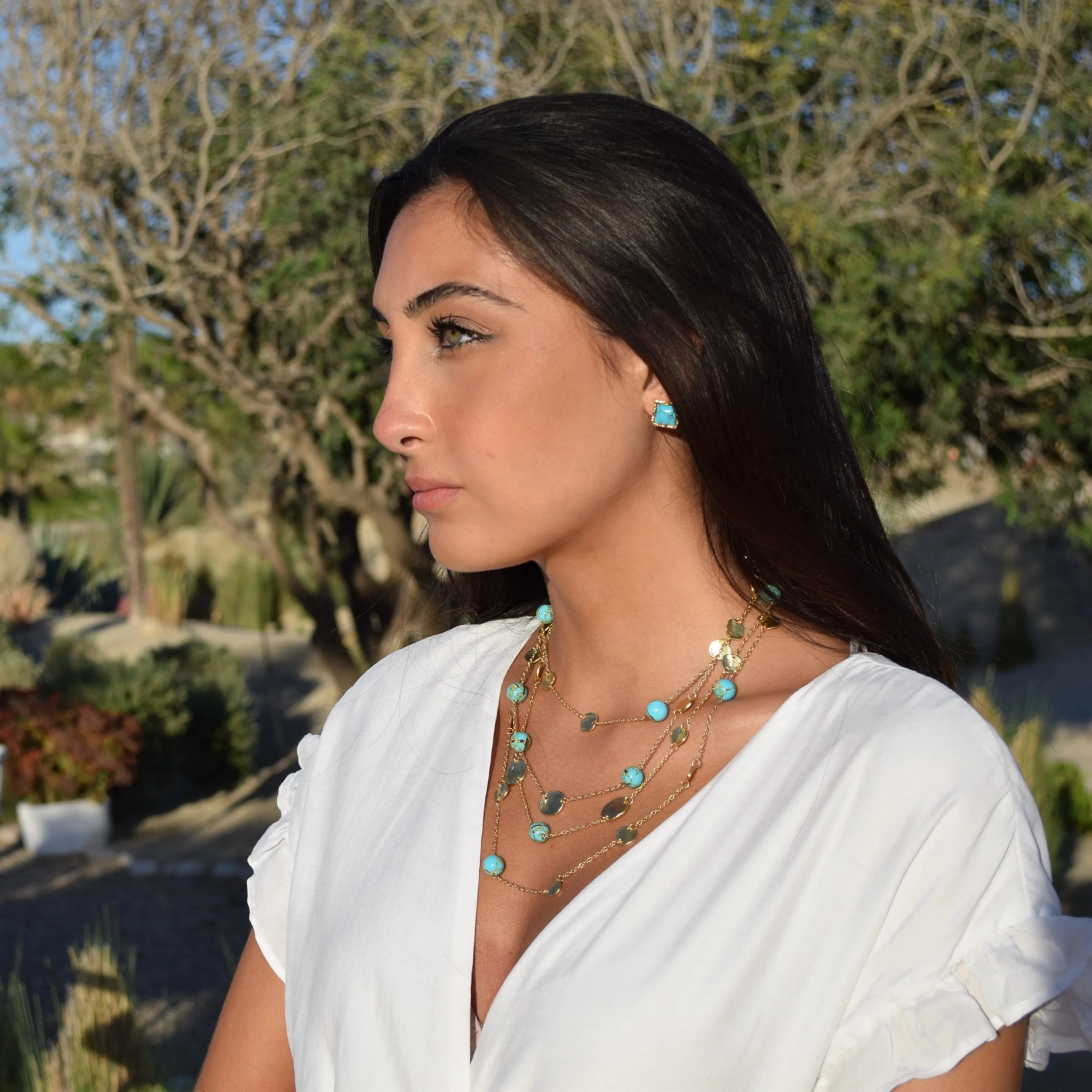 Coin and turquoise pearls multi strand necklace