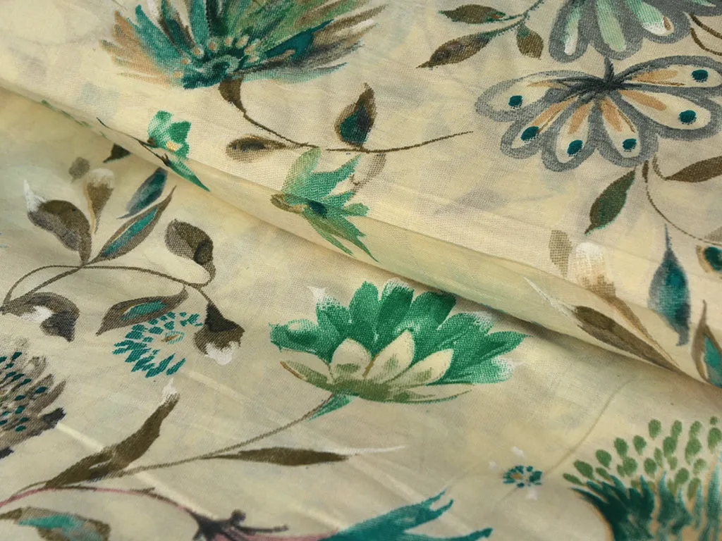 Cream & Sea Green Floral Pure Mul Mul Cotton Fabric