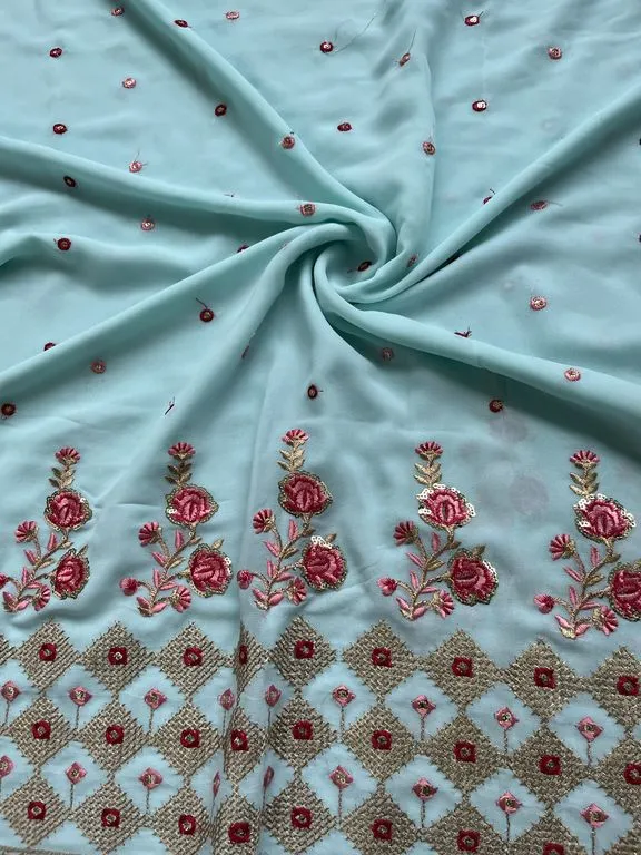 Cyan Blue Traditional Sequins Embroidered Georgette Fabric