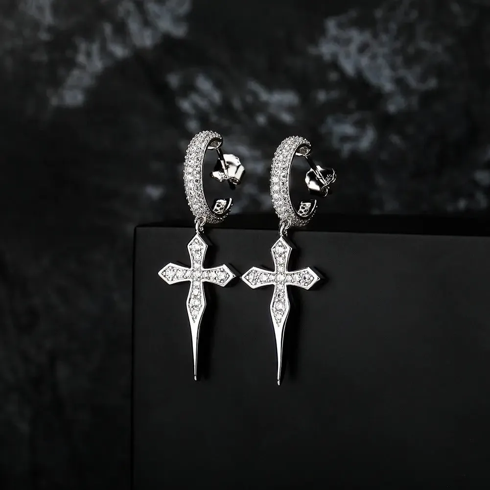 Dagger Cross Hoop Earrings in White Gold