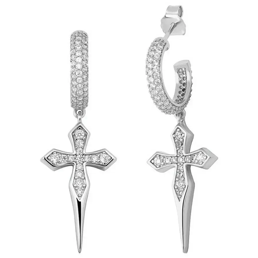 Dagger Cross Hoop Earrings in White Gold