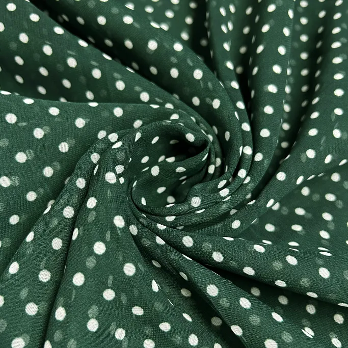 Dark Green & White Polka Dot Printed Georgette Fabric (Wholesale)