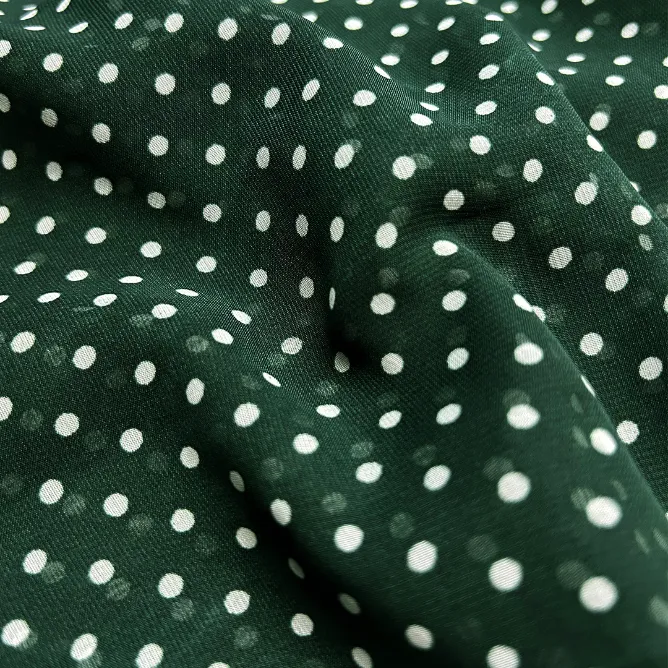 Dark Green & White Polka Dot Printed Georgette Fabric (Wholesale)