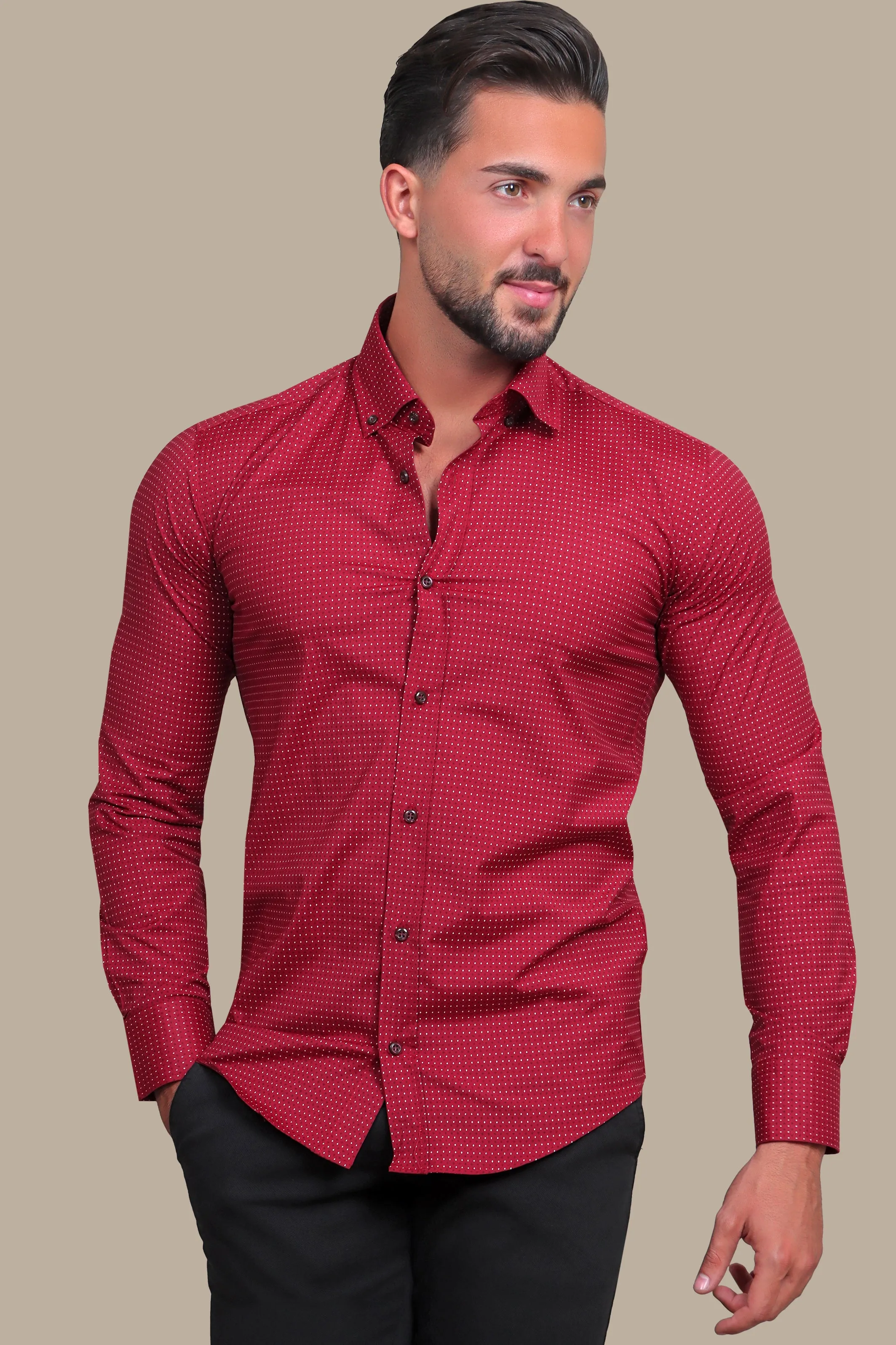 Elegant Burgundy Dotted Lycra Shirt