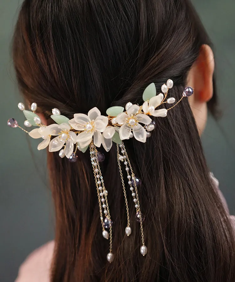 Elegant Gold Sterling Silver Overgild Pearl Floral Tassel Hairpin AB1081