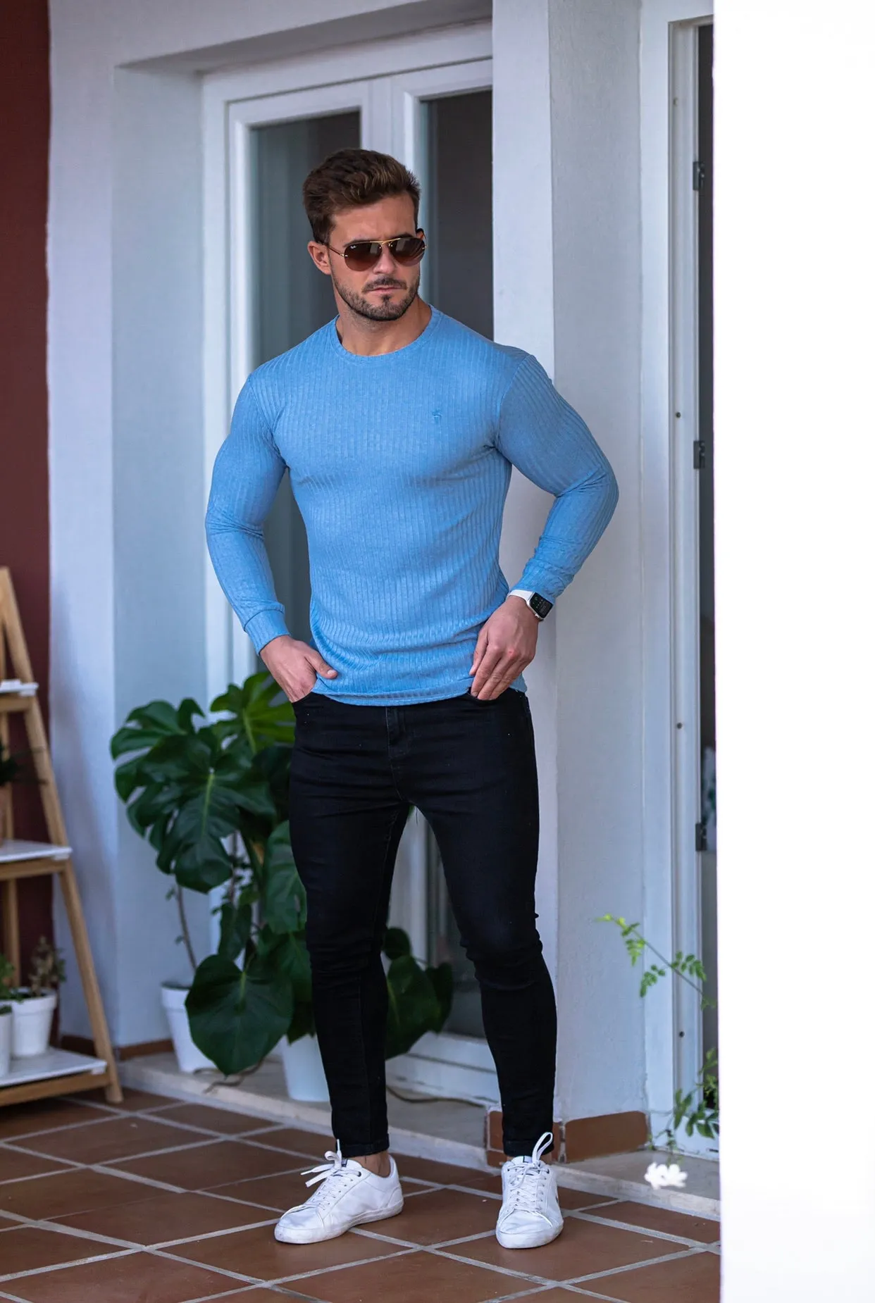 Father Sons Classic Baby Blue Ribbed Knit Sweater - FSH594