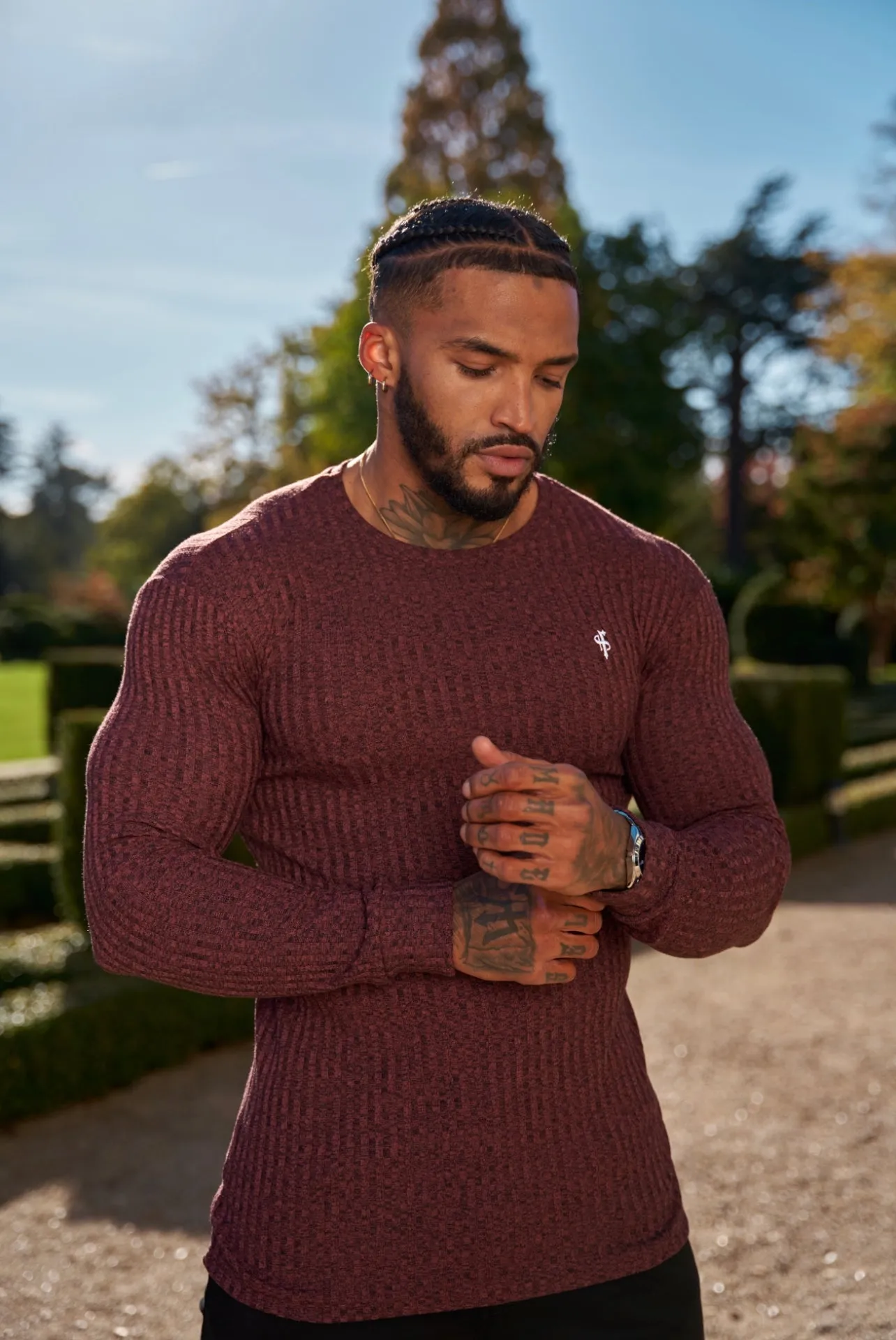 Father Sons Classic Burgundy / White Ribbed Knit Super Slim Crew Sweater - FSH767