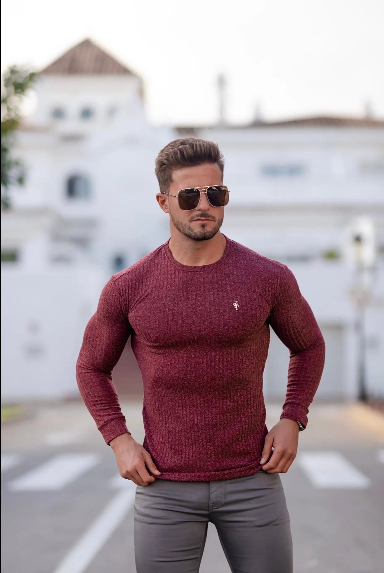 Father Sons Classic Claret Ribbed Knit Sweater With Gold Metal Emblem - FSH538