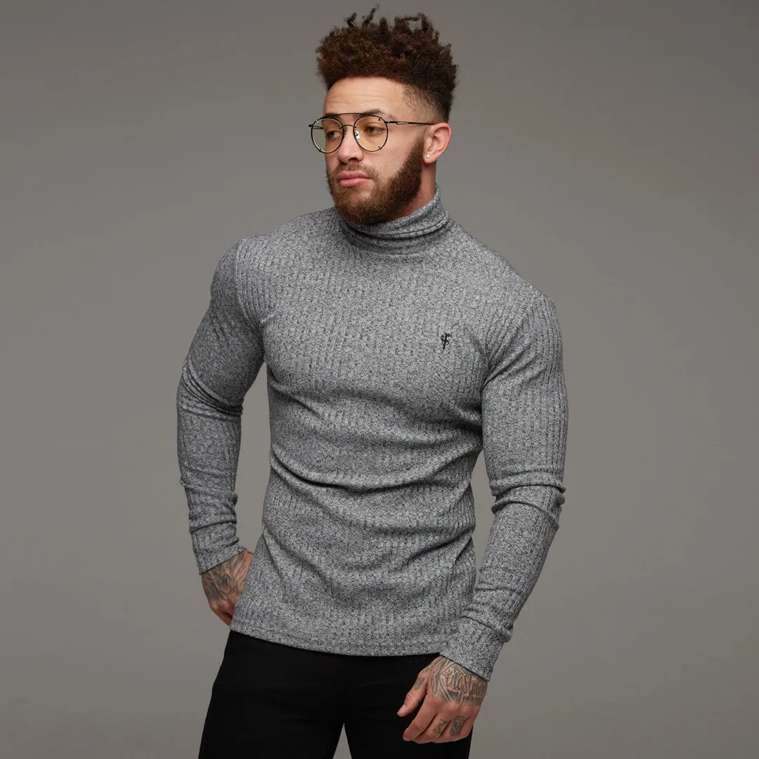 Father Sons Classic Grey & Black Roll Neck Ribbed Knit Sweater - FSH119