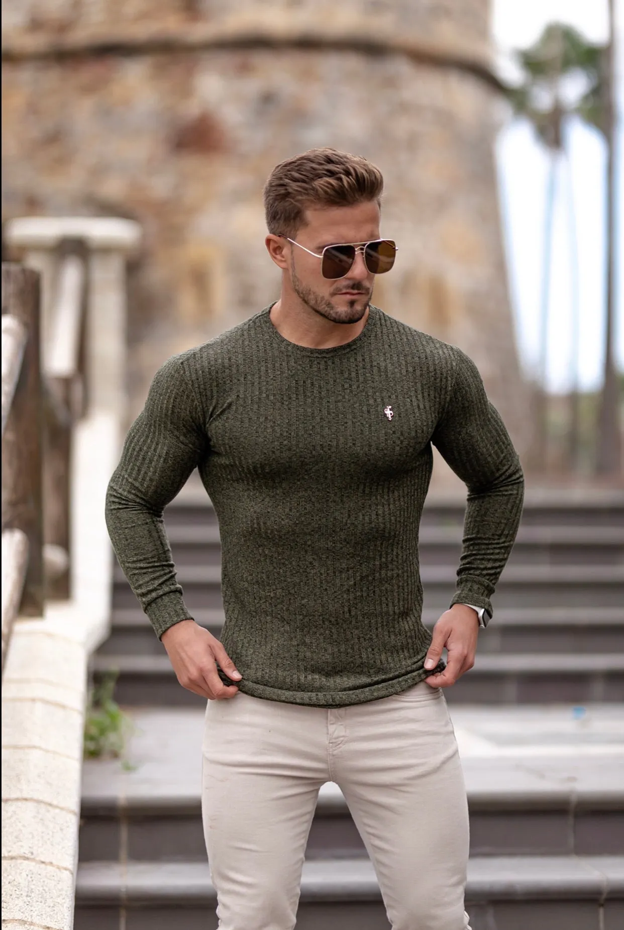 Father Sons Classic Khaki Ribbed Knit Sweater With Gold Emblem - FSH536