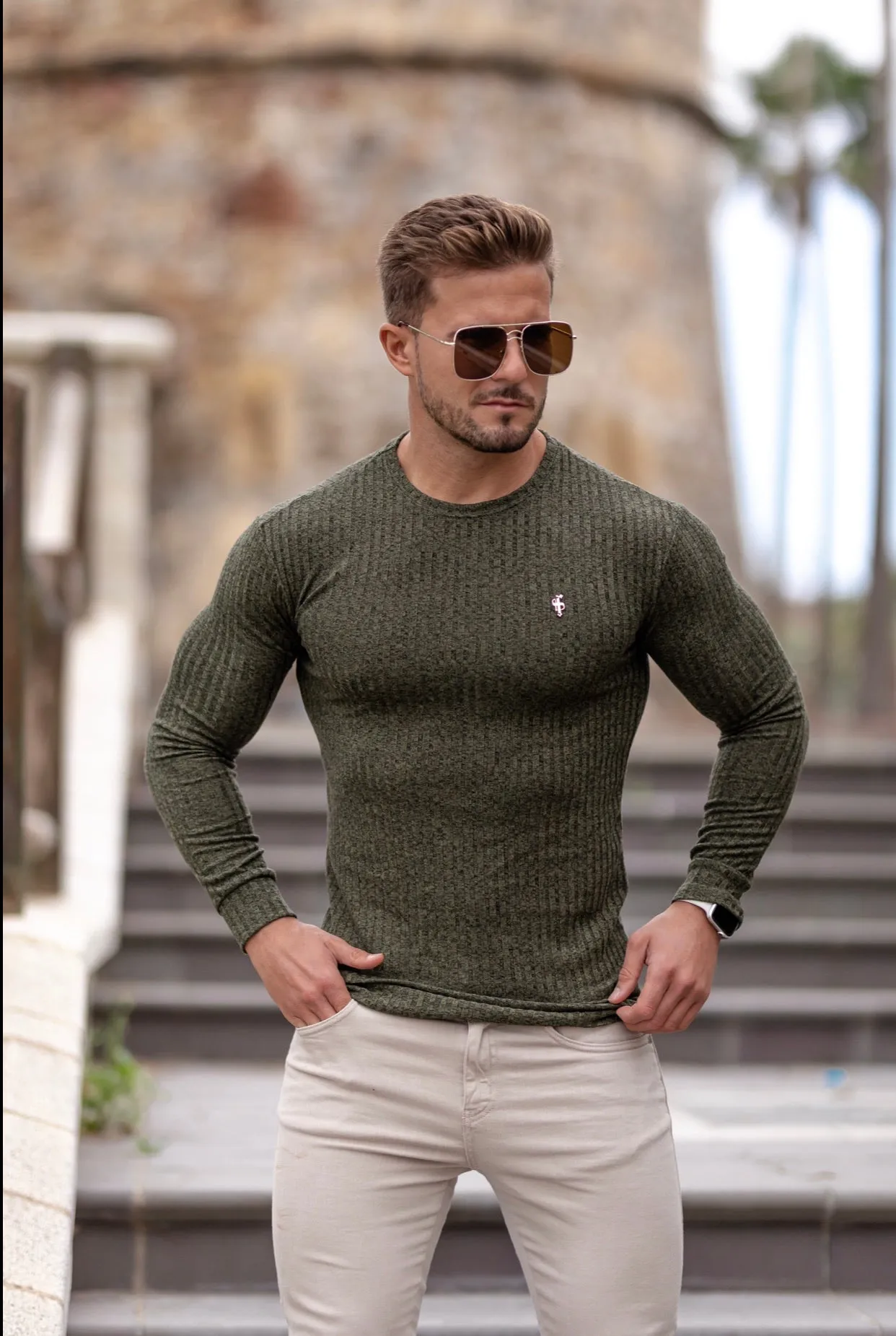 Father Sons Classic Khaki Ribbed Knit Sweater With Gold Emblem - FSH536