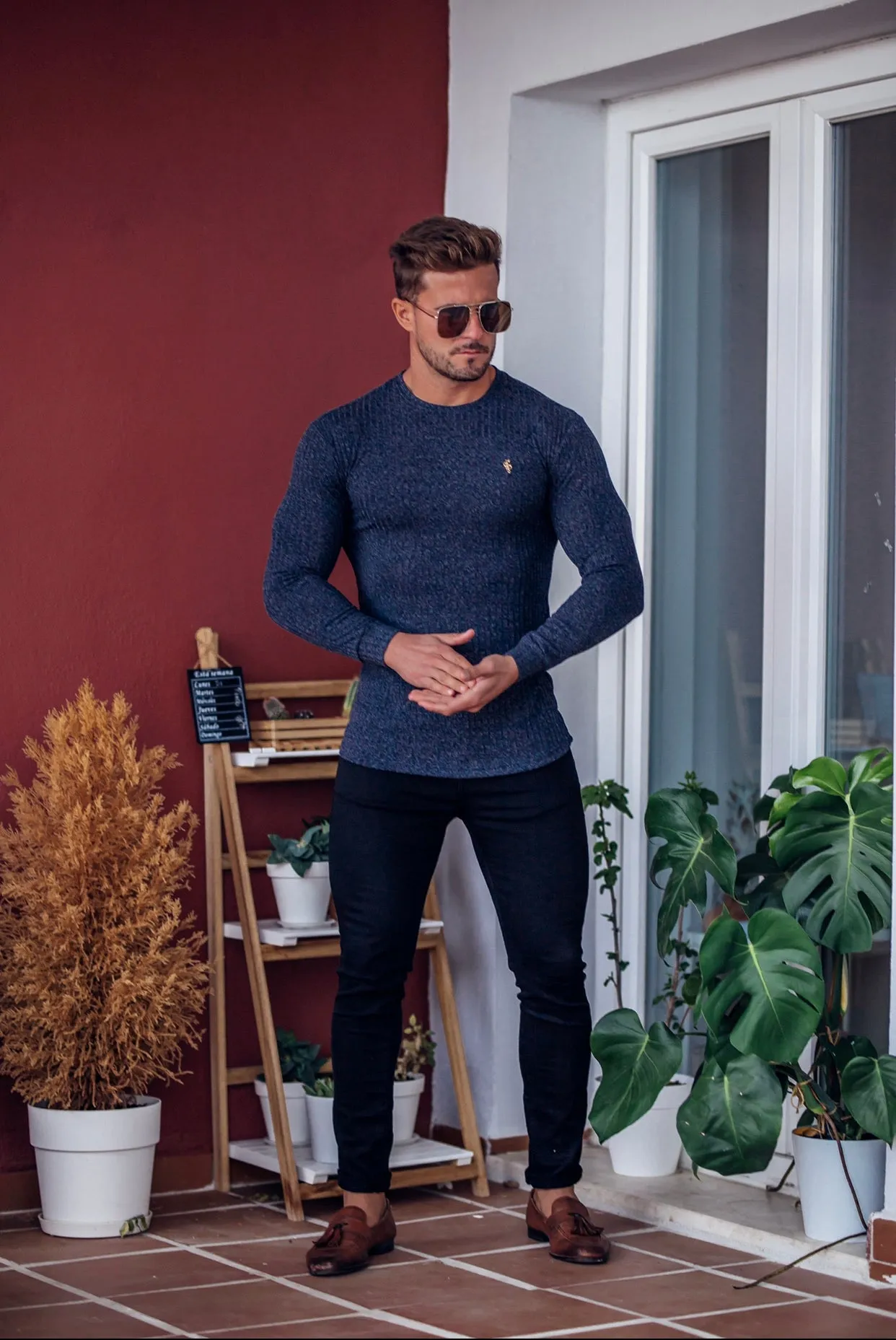 Father Sons Classic Navy Ribbed Knit Sweater With Gold Emblem - FSH539