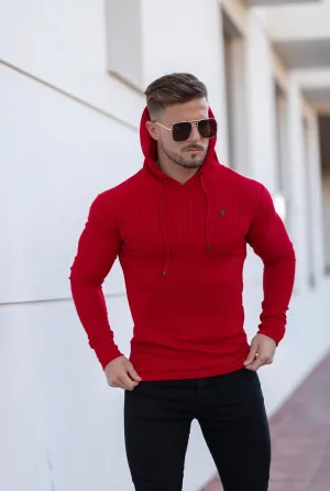 Father Sons Classic Red Ribbed Knit Hoodie Jumper With Black Emblem - FSH620