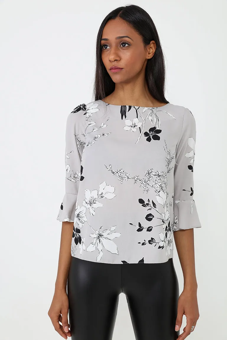 Floral Print Top with Fluted Sleeve