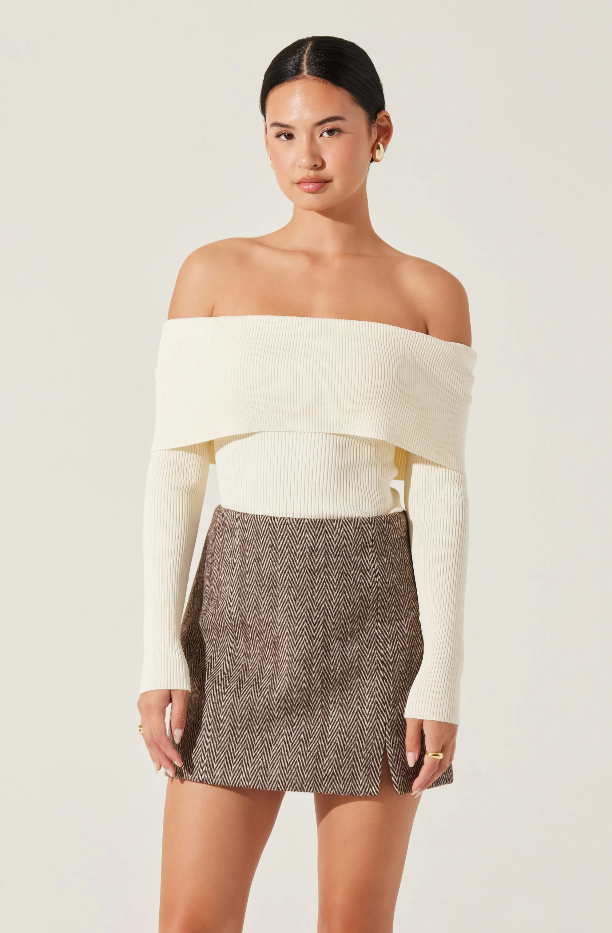 Foldover Ribbed Off Shoulder Sweater