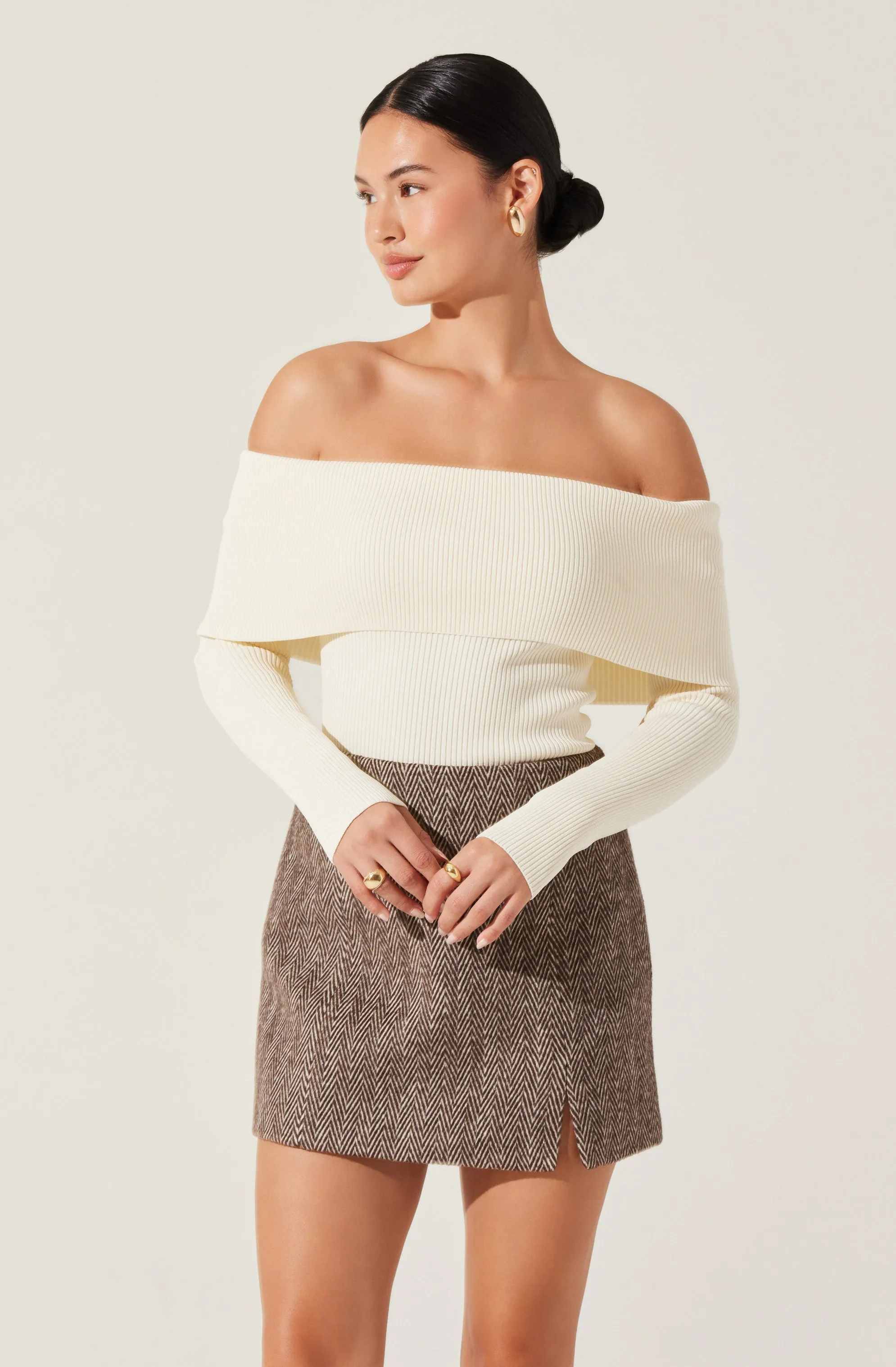 Foldover Ribbed Off Shoulder Sweater