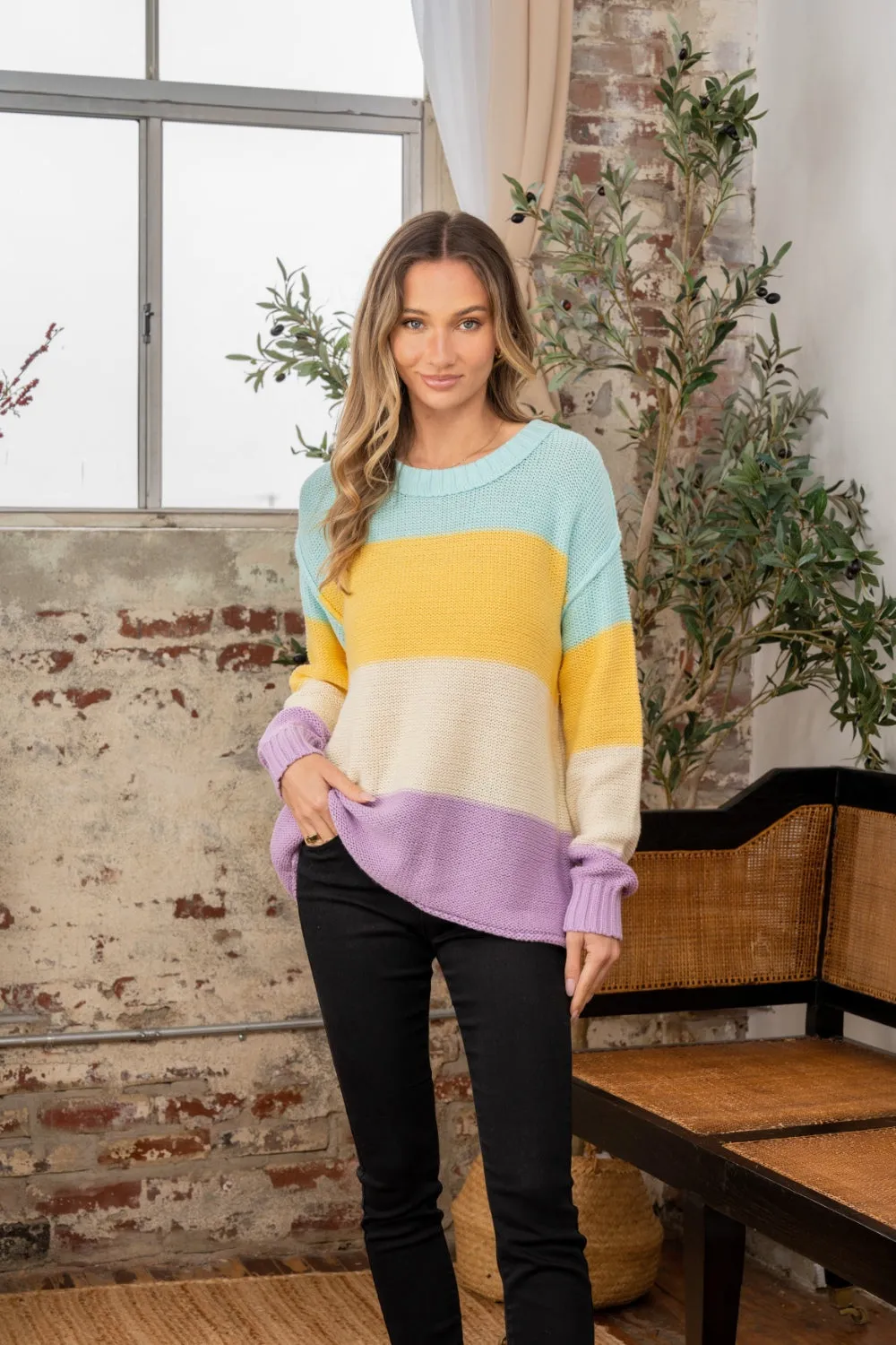 Full Size Color Block Exposed Seam Sweater