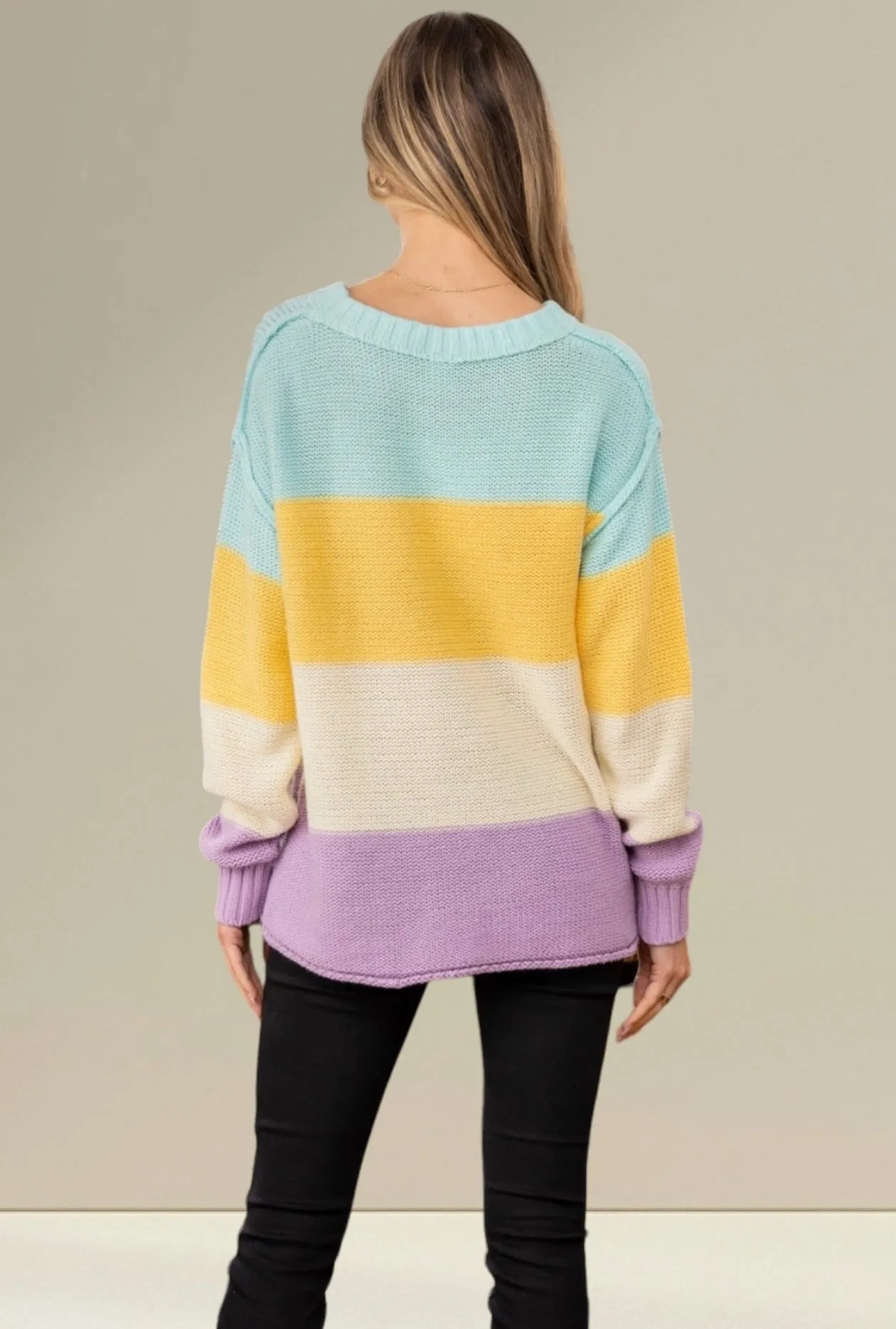 Full Size Color Block Exposed Seam Sweater