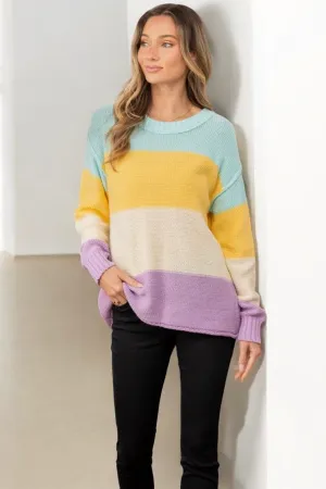 Full Size Color Block Exposed Seam Sweater