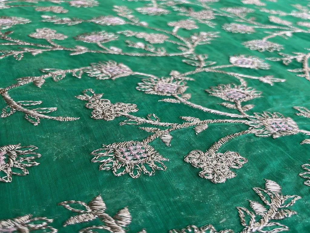 Green Floral Zardozi Embroidered Chanderi Fabric (Wholesale)