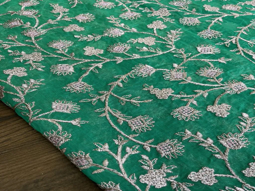 Green Floral Zardozi Embroidered Chanderi Fabric (Wholesale)