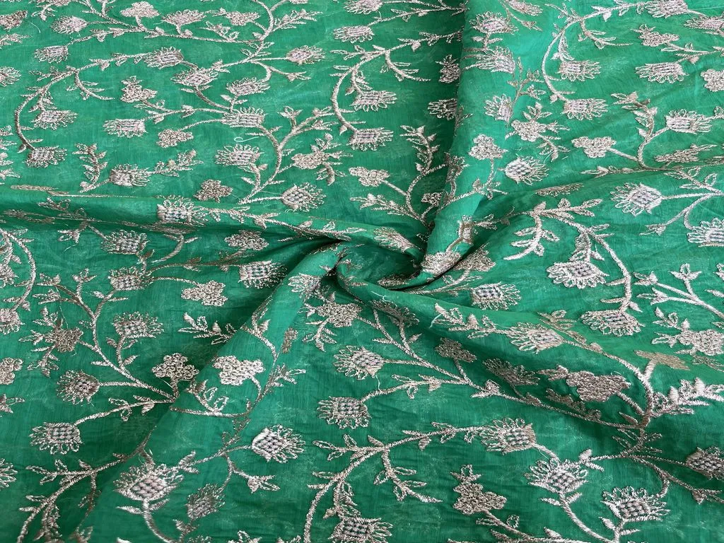 Green Floral Zardozi Embroidered Chanderi Fabric (Wholesale)