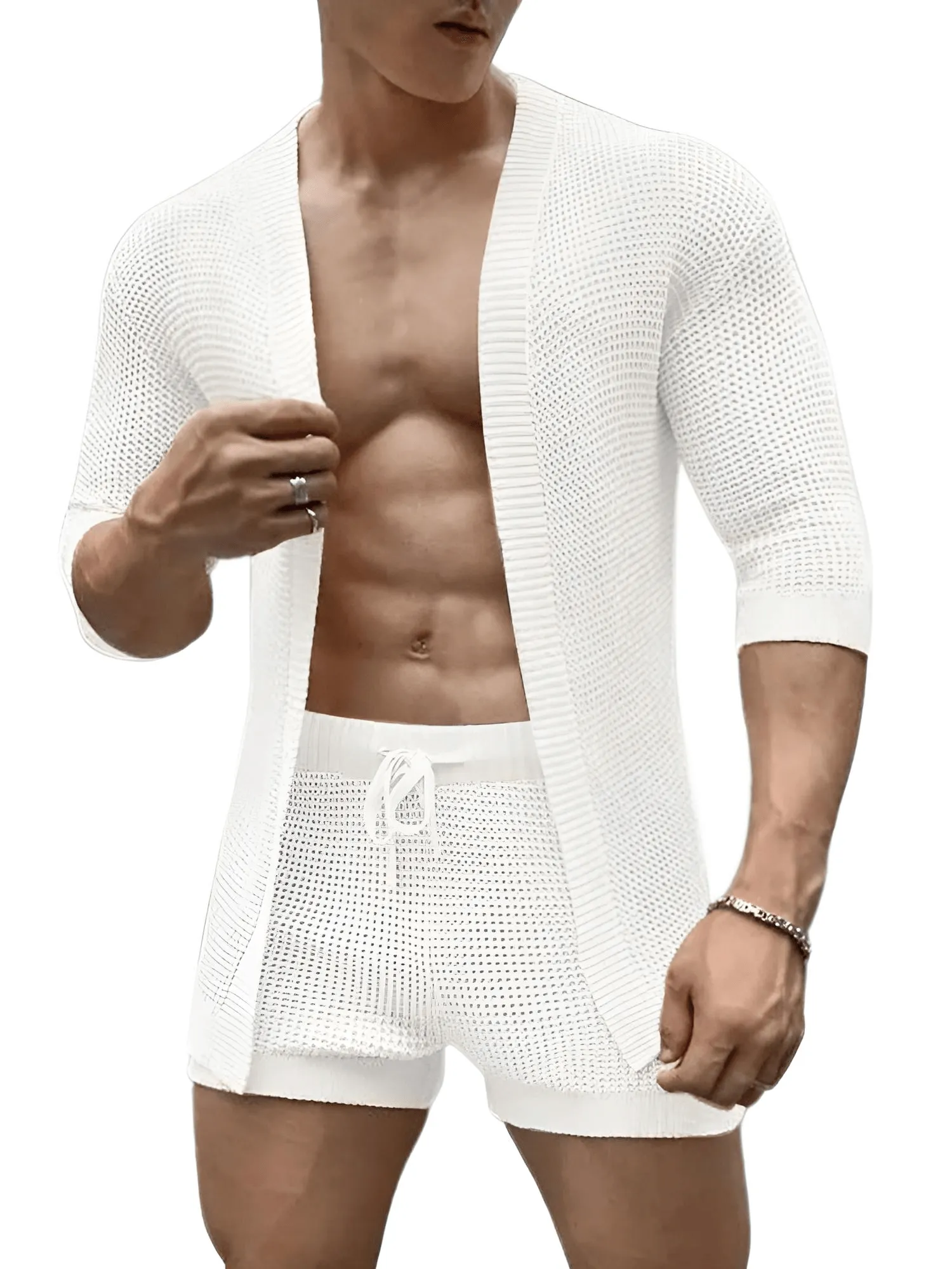 Half Sleeve Cardigan & Drawstring Men's Shorts Two-Piece Set