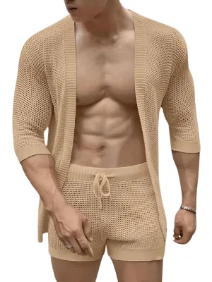 Half Sleeve Cardigan & Drawstring Men's Shorts Two-Piece Set