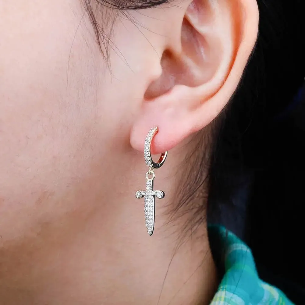 Iced Dagger Hoop Earrings in Yellow Gold