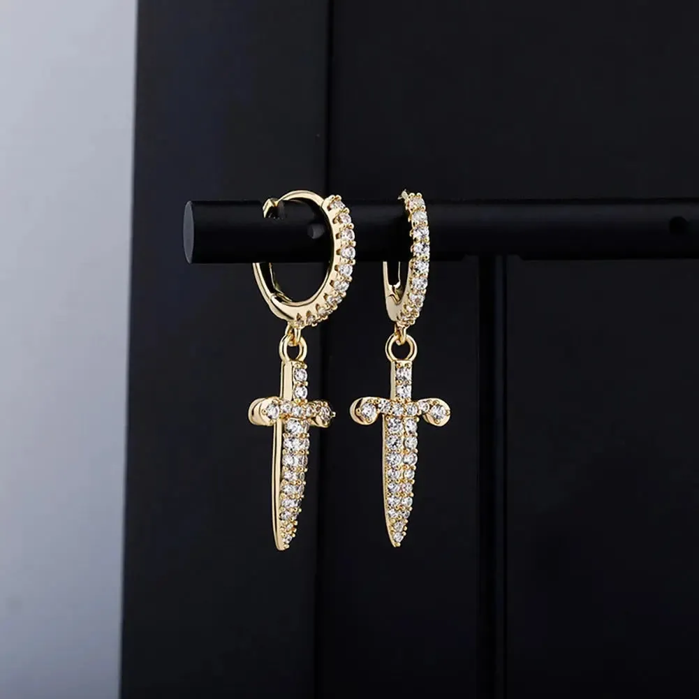 Iced Dagger Hoop Earrings in Yellow Gold