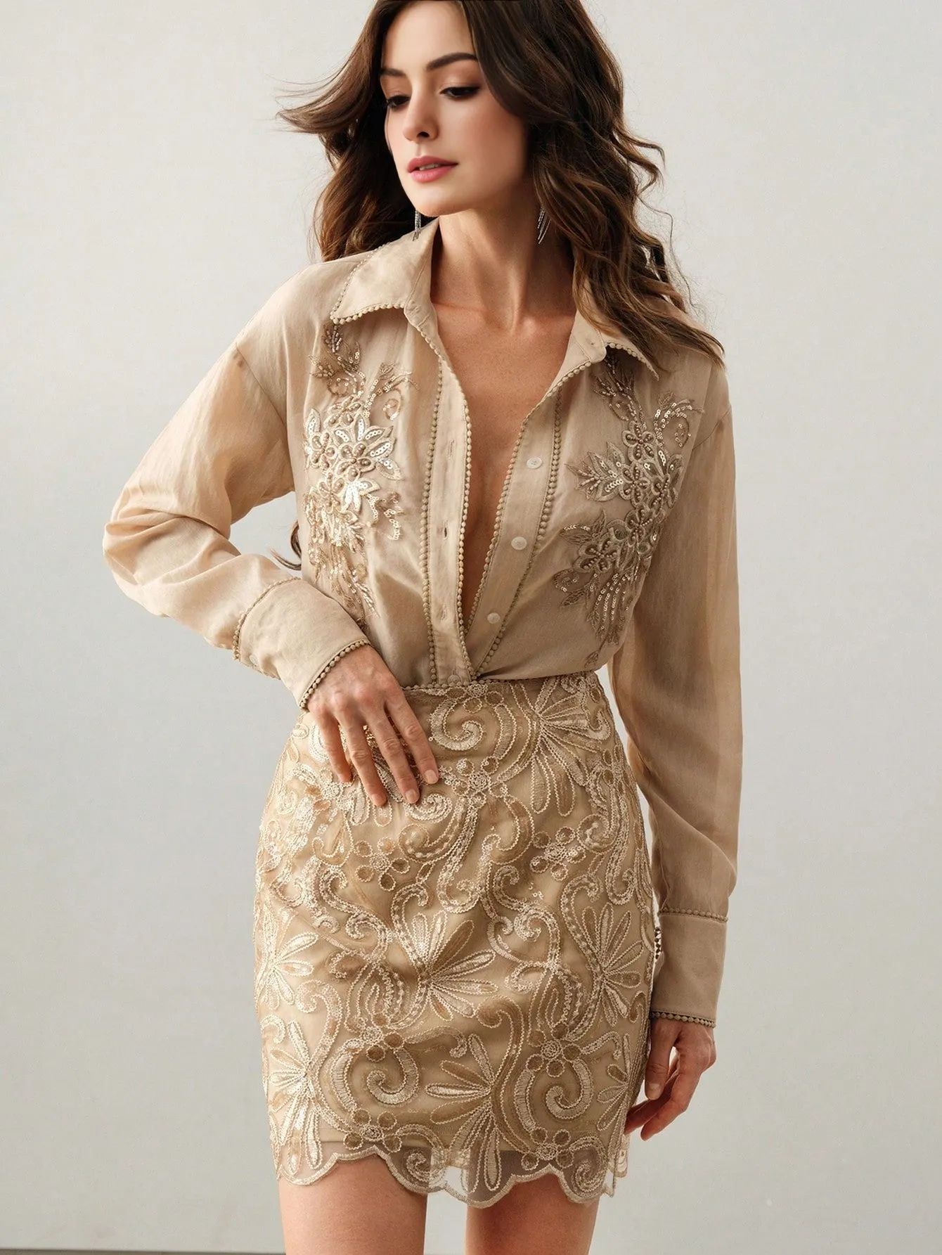 Isabella 2pcs/Set Collared Long Sleeve Embroidered Mesh Blouse & A-Line Mini Skirt Suit