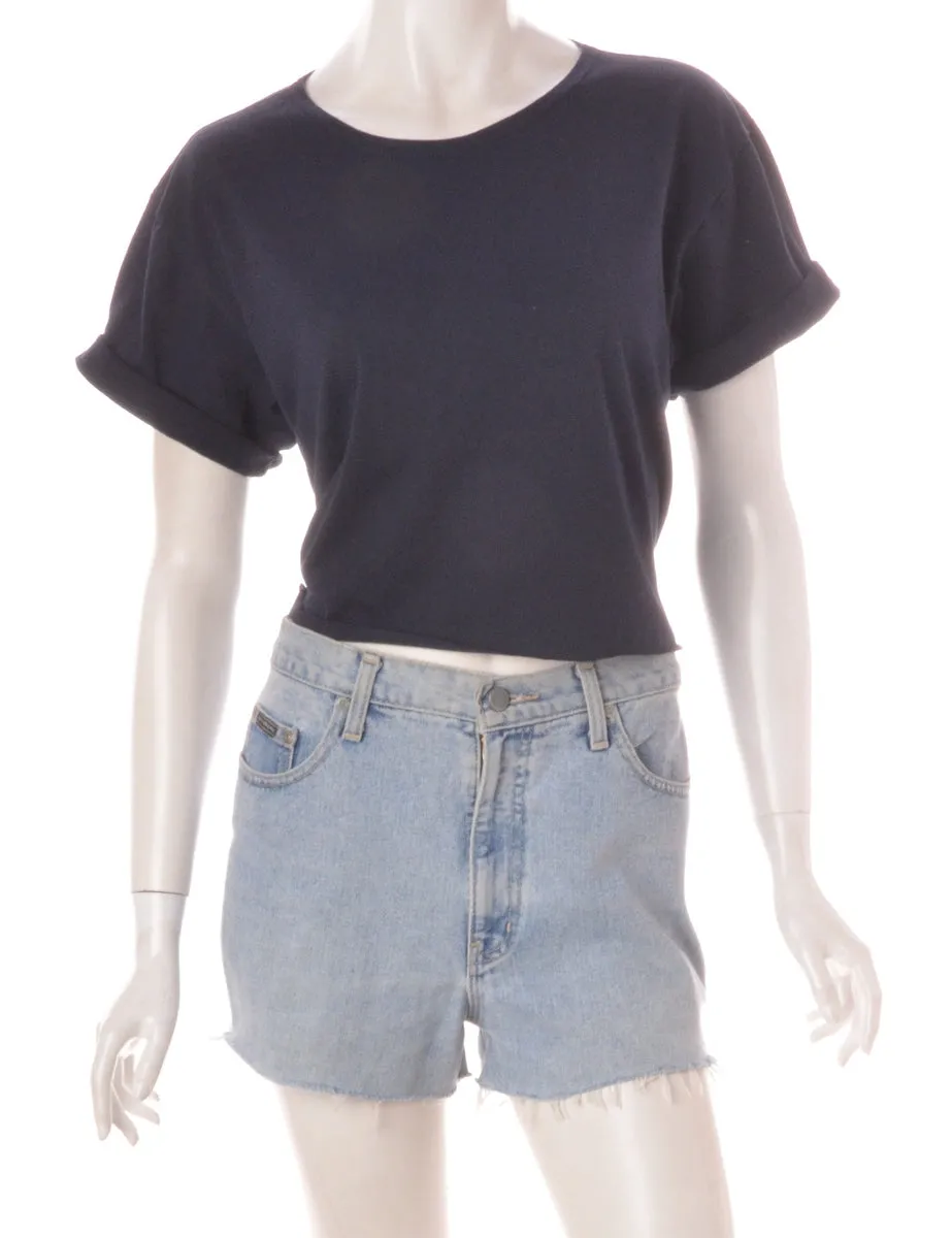 Label Cropped Bell Roll Sleeve Navy T-Shirt