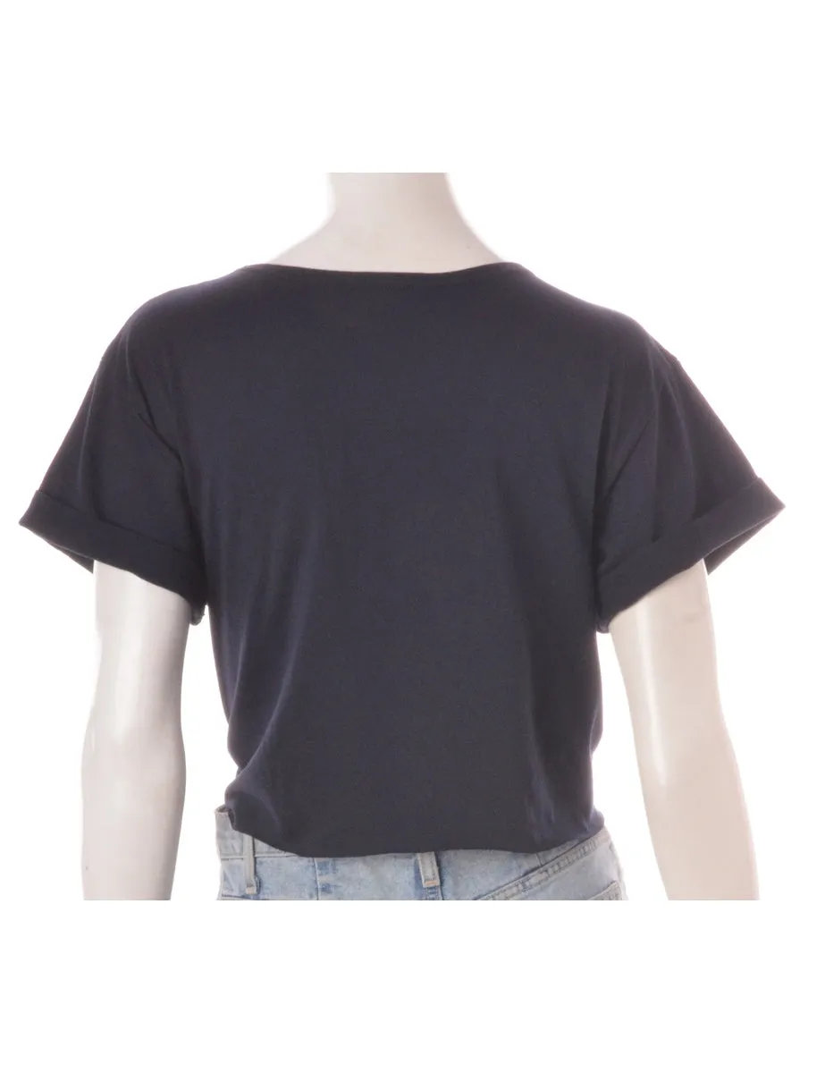 Label Cropped Bell Roll Sleeve Navy T-Shirt