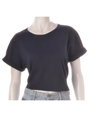 Label Cropped Bell Roll Sleeve Navy T-Shirt