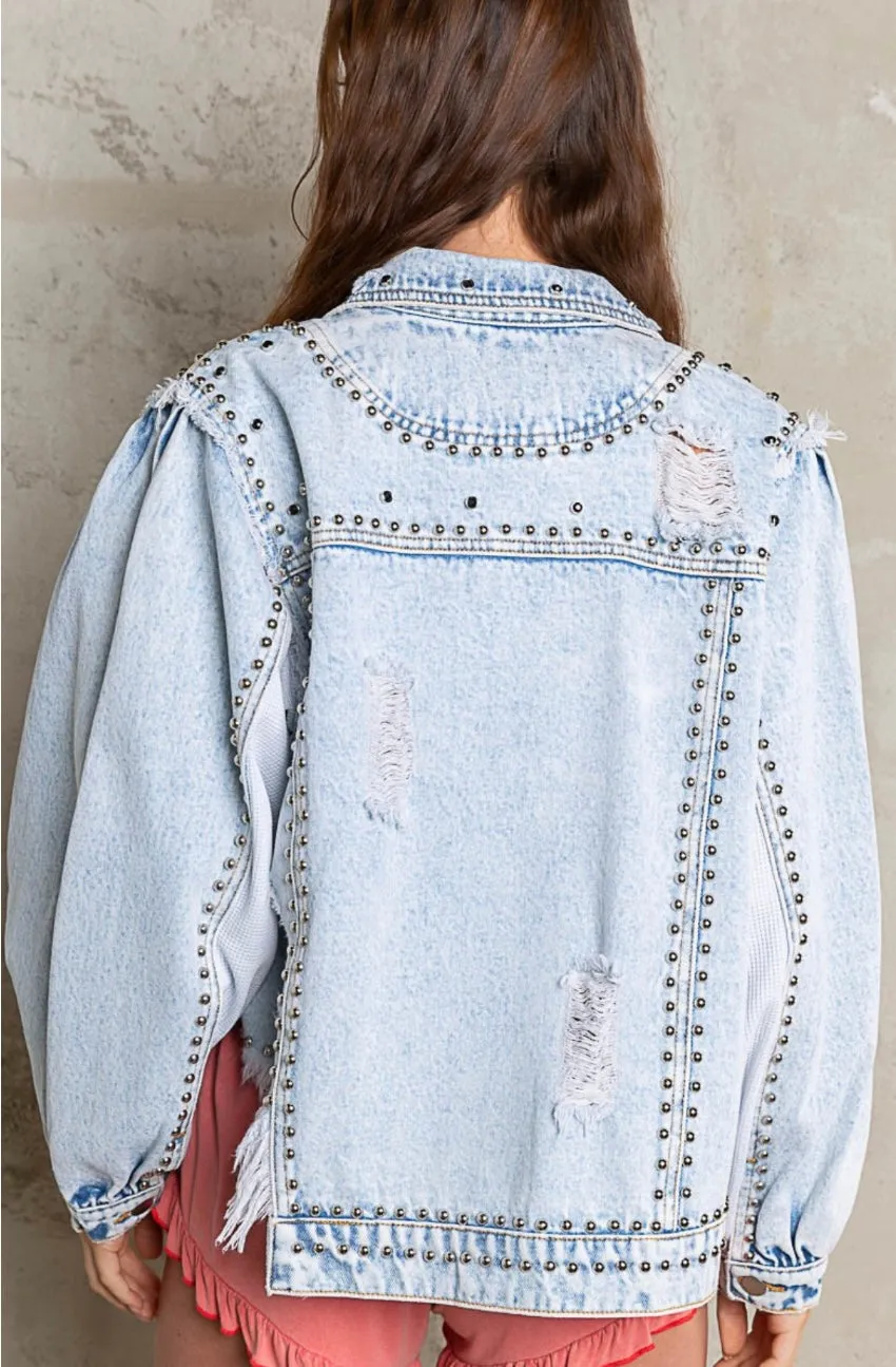 Metallic Studded Distressed Denim Jacket