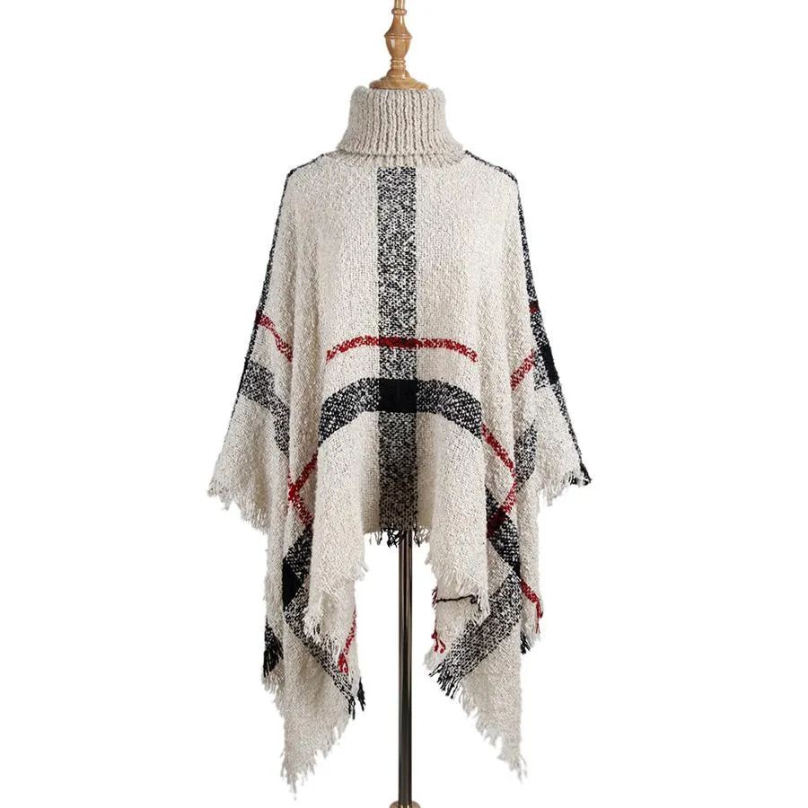 Mid-length high neck tassel cloak shawl loose large size sweater