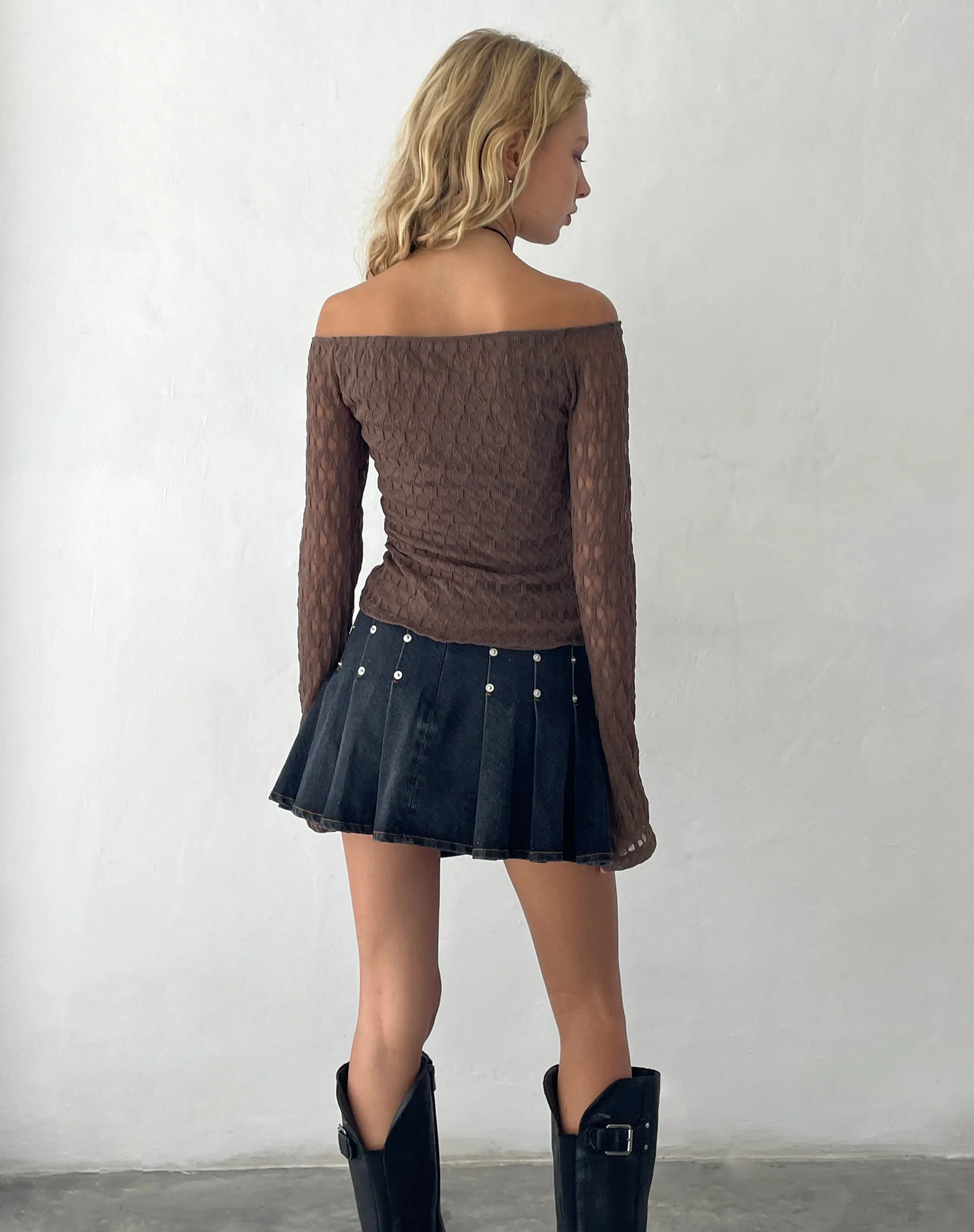 Neira Long Sleeve Bardot Top in Textured Knit Mocha