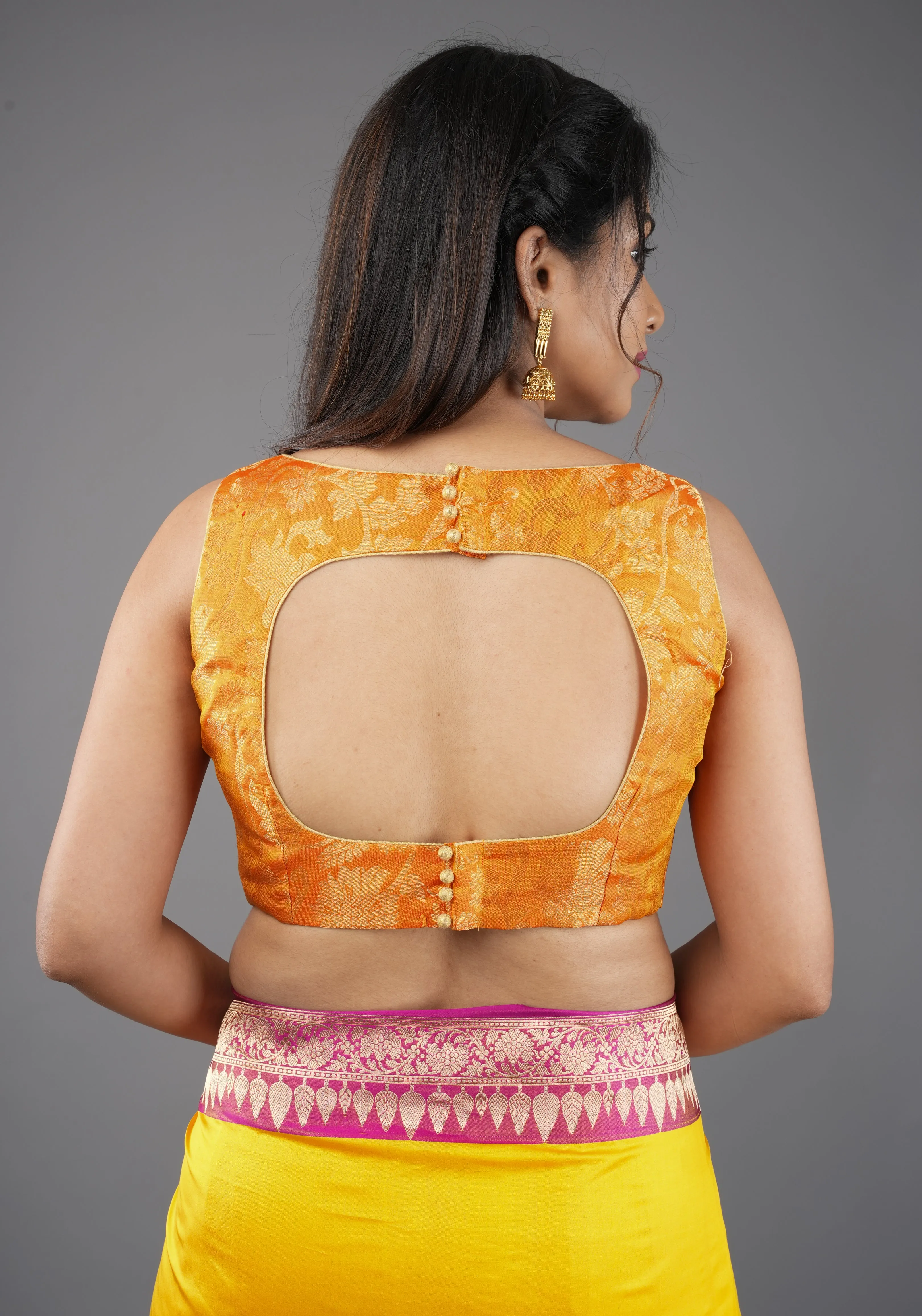 Orange Kanjivaram floral brocade sleeveless blouse, Customizable, Made to order